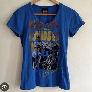 Harley-Davidson Boston Mass Vintage Baby Tshirt Vneck Blue Size Large